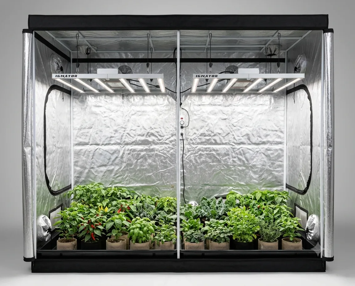 Armario de cultivo interior con iluminación LED y plantas en macetas Armario de cultivo interior con iluminación LED y plantas en macetas