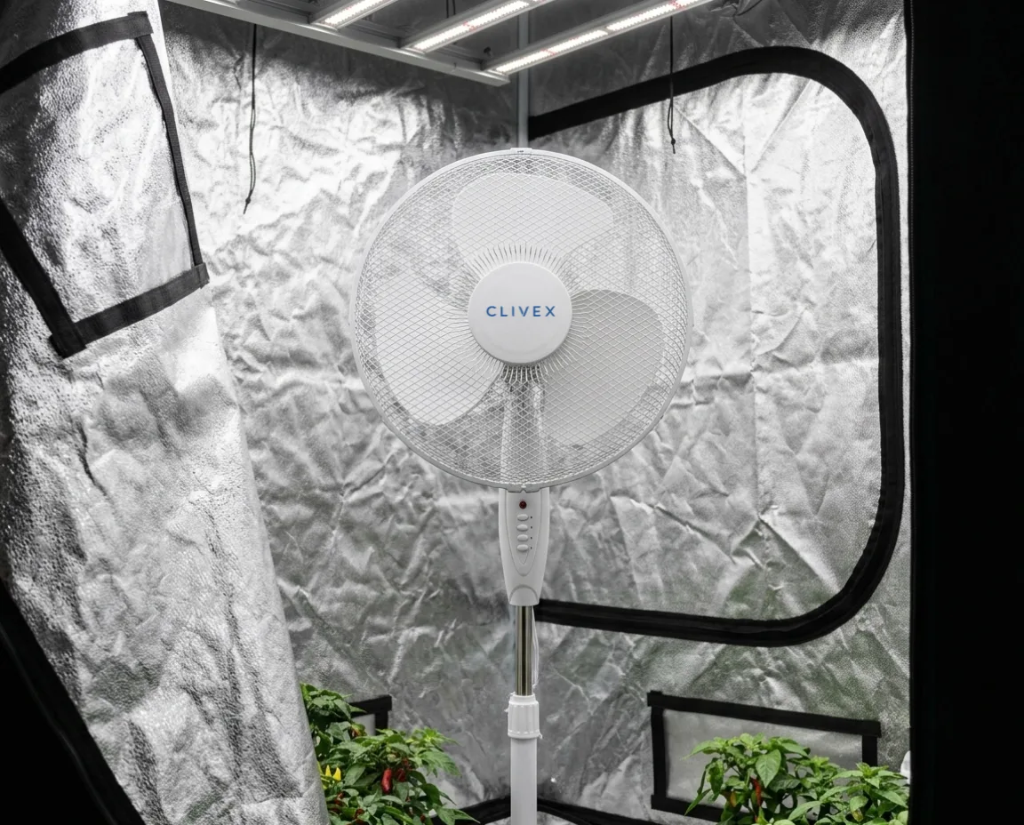 Ventilador oscilante colocado dentro de un armario de cultivo Ventilador oscilante colocado dentro de un armario de cultivo