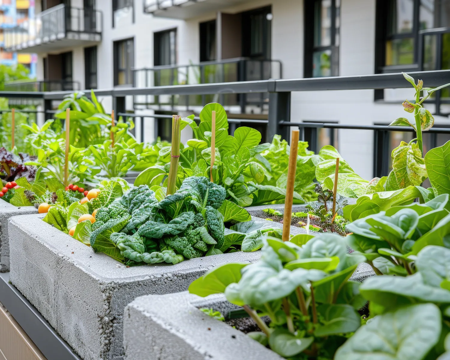 Built-in planters with leafy vegetables on the balcony of a building