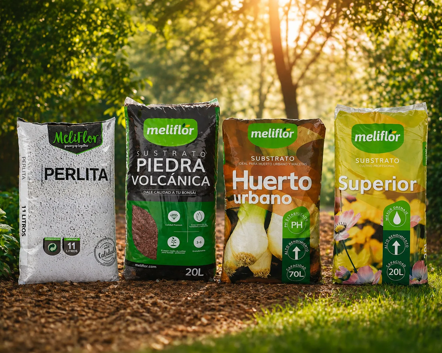 Sacs de substrat et de perlite Meliflor posés sur un sol d'écorce Sacs de substrat et de perlite Meliflor posés sur un sol d'écorce