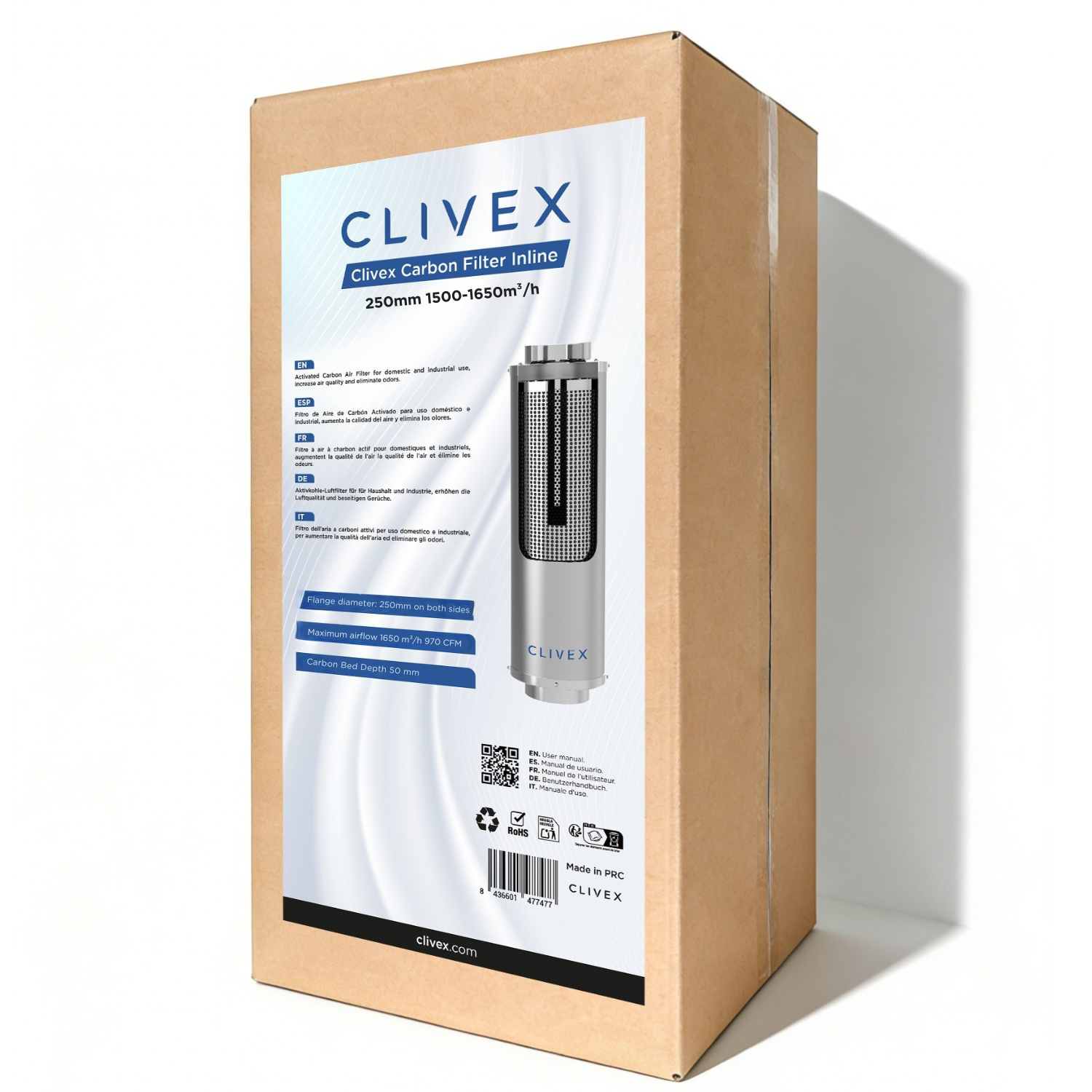 Clivex Filtro de carbón In-Line 250mm (1500-1650m³/h) - Clivex